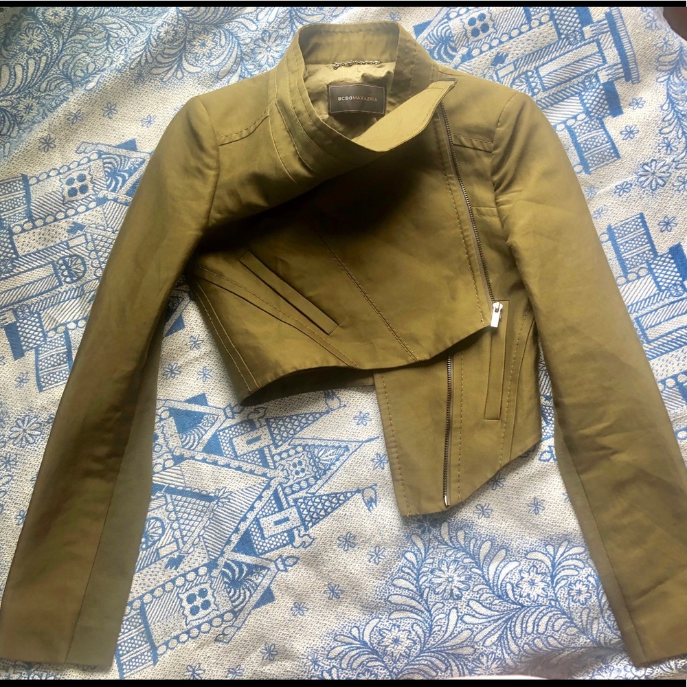 BCBG MAX AZRIA Olive Green Motorcycle style blazer